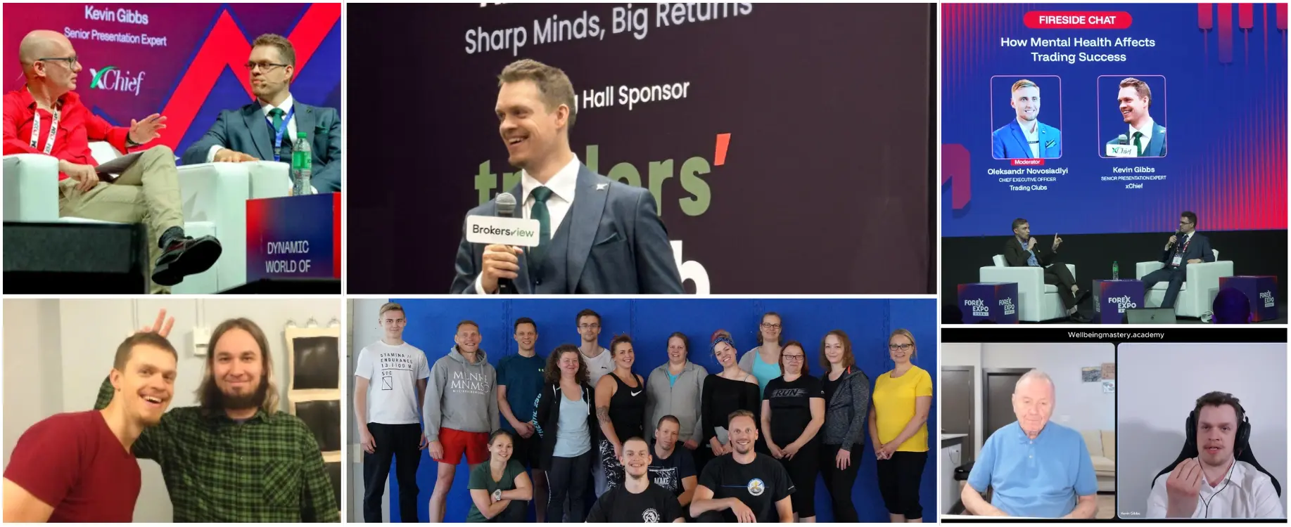 Kevin Gibbs from Wellbeing Mastery Academy showing a collage of his work ranging from wellbeing coaching to massage, all the way to coaching professionals and semi-pro athletes, as well as giving keynote speeches and fireside chats.